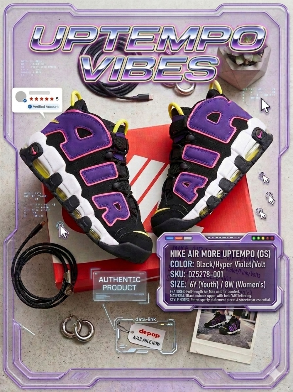 Nike Air Uptempo Sneakers in Black, Court Purple & Yellow Full Air, Deadstock